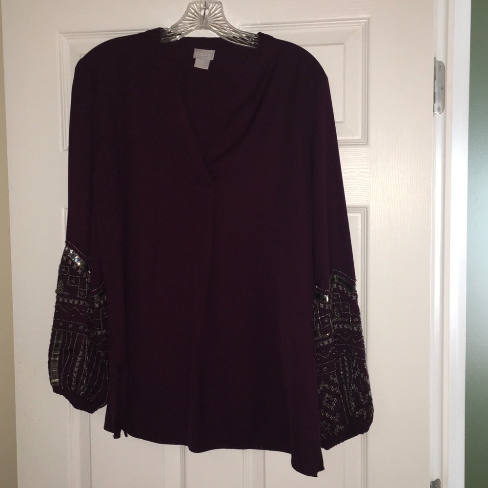 Chico's Deep Purple Blouse with Embellished Sleeves